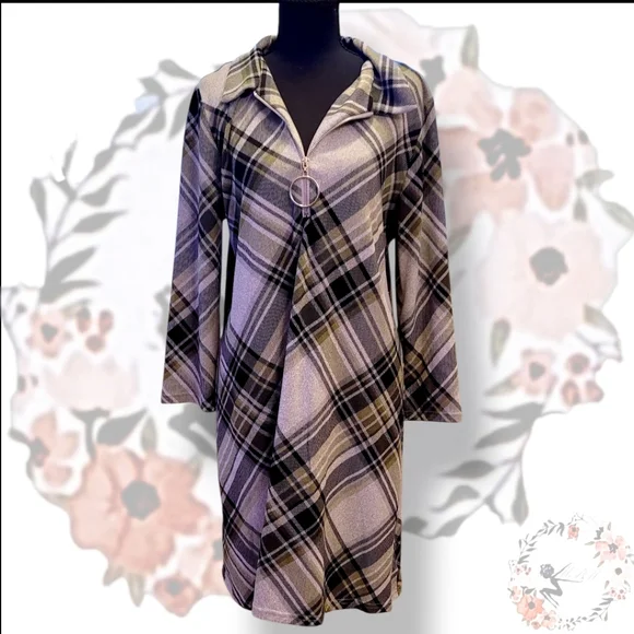 R&K Gray and Black Plaid Long Sleeve Dress. Size L - Picture 6 of 6